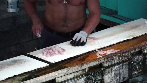 Man Cleaning Freshly Caught Fish And Cutting it on a fillet. 4K Stock Footage 77230411