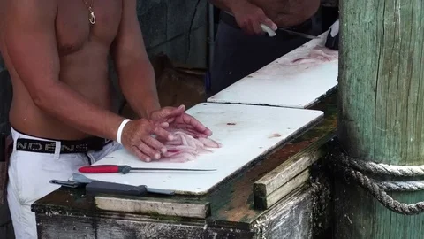 Man Cleaning Freshly Caught Fish And Cutting it on a fillet. 4K Stock Footage 77233770