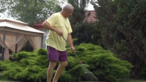 The man is cleaning the lawn with a rake. Vídeo Stock 99683810
