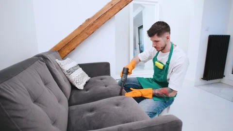 Man cleaning a modern sofa in a bright living room with attention to detail whil Stock Footage 301517223
