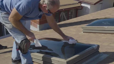 Man Cleaning Newly Installed Skylight Window Stock Footage 212418156