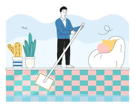 Man cleaning pool. Young guy with mop takes out trash from swimming pool Ilustración de archivo