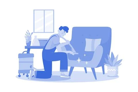 Man Cleaning The Sofa With The Vacuum Cleaner Ilustração Stock