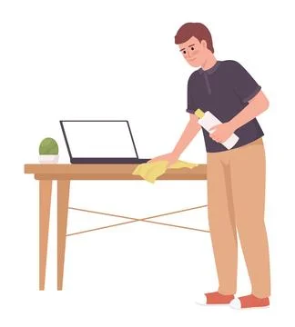 Man cleaning wooden table surface with cloth semi flat color vector character 스톡 일러스트