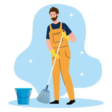 Man cleaning worker with mop and bucket, man janitor with mop and bucket Stock-Illustration