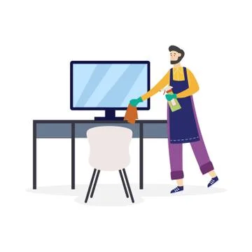 Man cleaning workplace using cleaners, flat cartoon vector illustration isolated Stock Illustration