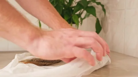A man cleans dried fish in the kitchen. The guy separates the meat and bones of Stock Footage 244637996