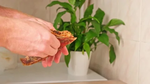 A man cleans dried fish in the kitchen. The guy separates the meat and bones of Stock Footage 244803668