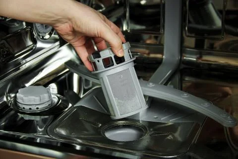 Man cleans the filter in the dishwasher. Maintenance of home appliances. Stock Photos