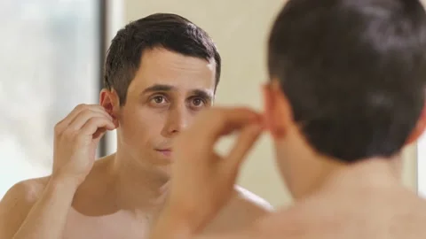 Man cleans his ears in the bathroom Stock Footage 146467580