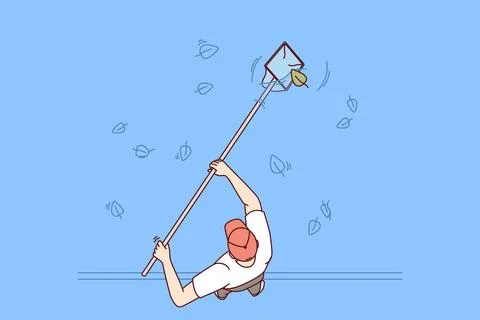 Man cleans pool or pond from leaves fallen from trees to prevent rotting and Stock Illustration