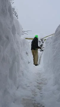 A man clearing a path with a shovel through deep snow in a rural area Photos