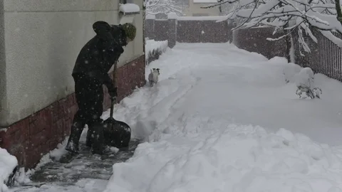 Man clears the snow with a shovel Stock Footage 82260416