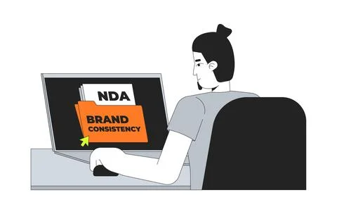 Man clicking brand consistency folder on desktop laptop 2D cartoon character Stock Illustration