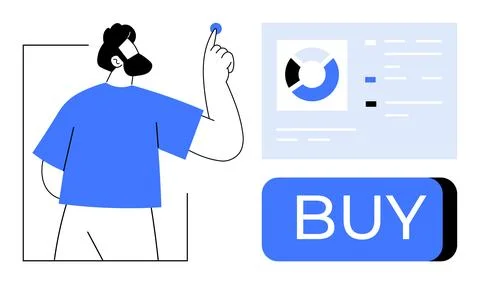 Man clicking digital button on a screen with pie chart and large BUY button Stock Illustration