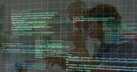 Man clicking mouse and leaning, woman joining, green code grid expanding over Stock Footage 330462361