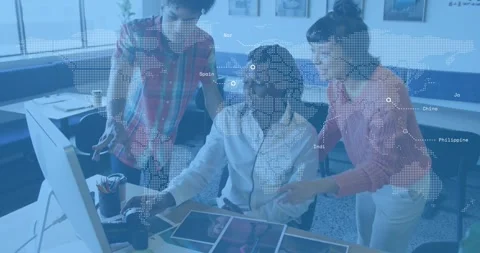 Man clicking mouse triggers animated map highlighting regions while team Stock Footage 325963535