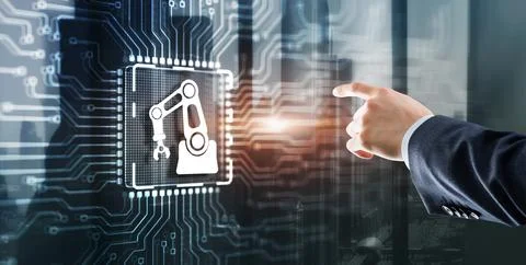 Man clicking on a virtual screen: Automation Software Innovation technology Stock Photos