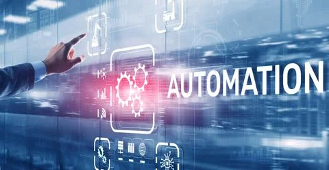 Man clicks on 3d virtual screen Automation. Optimization of business and Stock Photos