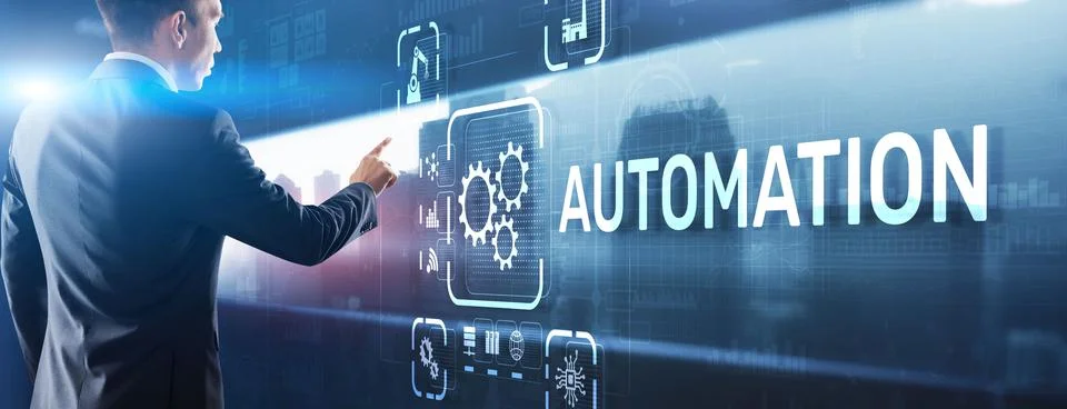 Man clicks on 3d virtual screen Automation. Optimization of business and Stock Photos