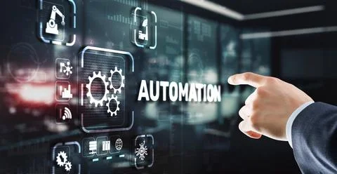 Man clicks on 3d virtual screen Automation. Optimization of business and Stock Photos