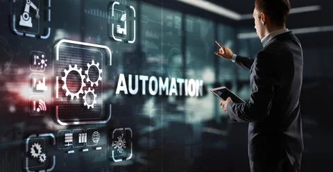 Man clicks on 3d virtual screen Automation. Optimization of business and Foto stock