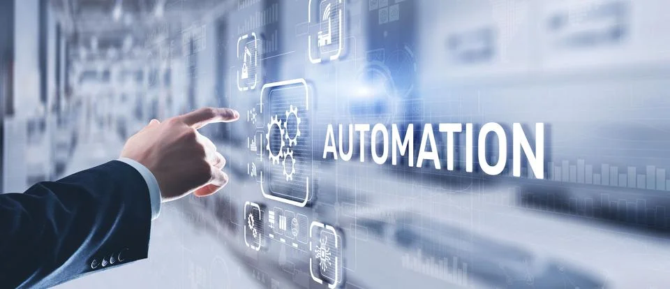 Man clicks on 3d virtual screen Automation. Optimization of business and pr.. Stock Photos