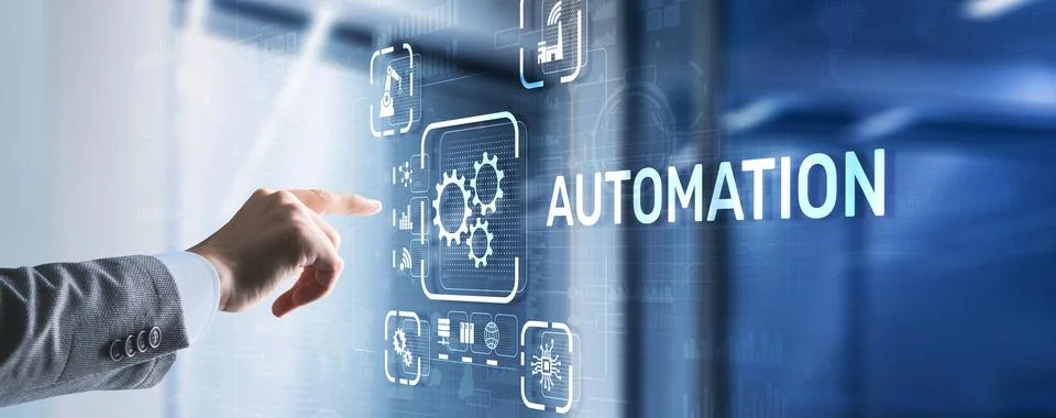 Man clicks on 3d virtual screen Automation. Optimization of business and pr.. Stock Photos