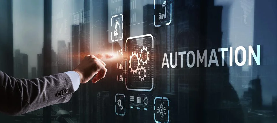 Man clicks on 3d virtual screen Automation. Optimization of business and pr.. Stock Photos