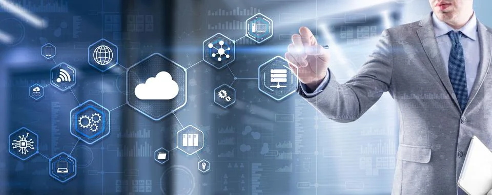 Man clicks icon Cloud Computing Technology Internet Storage Network Concept Stock Photos