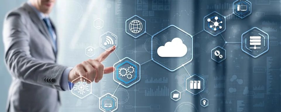 Man clicks icon Cloud Computing Technology Internet Storage Network Concept Foto stock