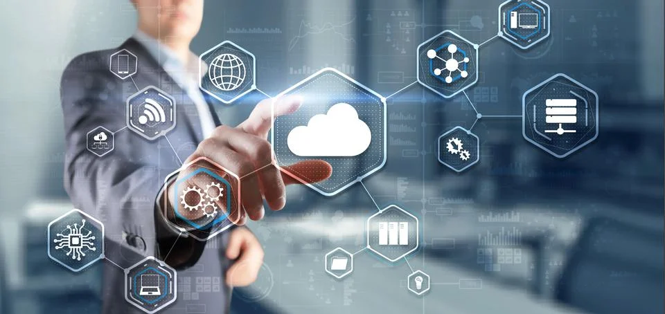 Man clicks icon Cloud Computing Technology Internet Storage Network Concept 스톡 사진