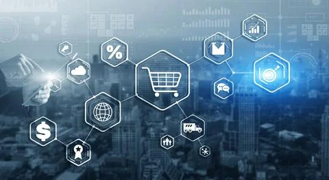 Man clicks icon E-Commerce icon. Technology Internet concept Stock Photos