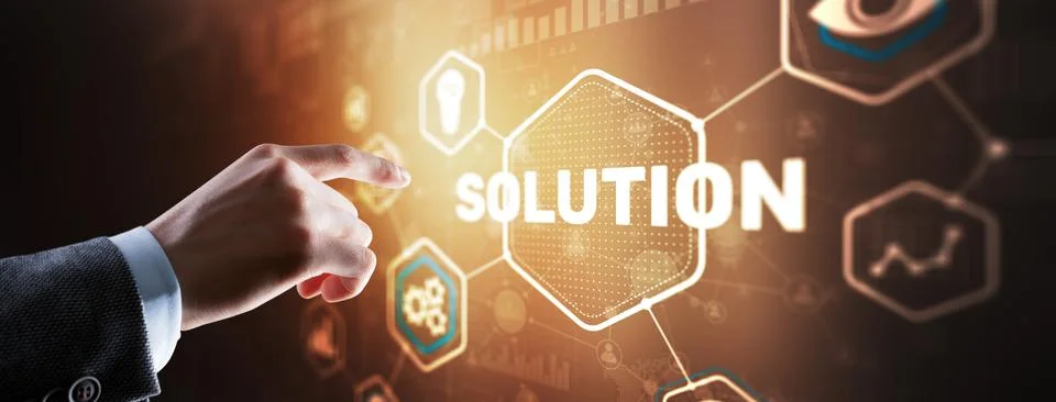 Man clicks on the inscription Solution concept Stock Photos