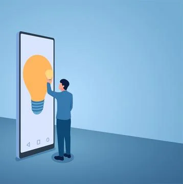 A man clicks on the smartphone screen idea light, illustration for inspiratio Stock Illustration