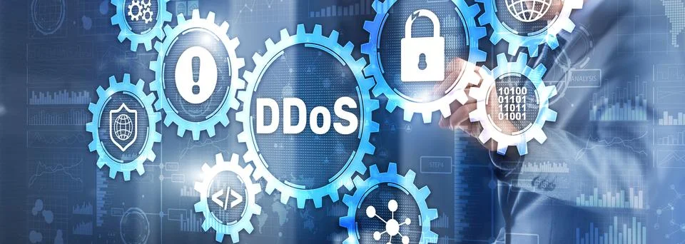 Man clicks on virtual screen with text DDoS Cyber Attack 스톡 사진