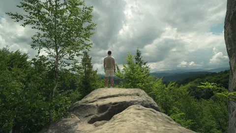 Man on a cliff rock in dense forest Stock Footage 161483475