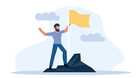 Man climbed to the top mountain with flag flat illustration achievement con.. Stock Illustration