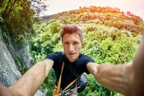 Man climber make selfie Stock Photos