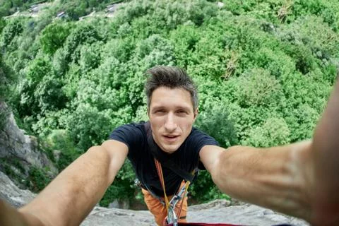 Man climber make selfie Stock Photos