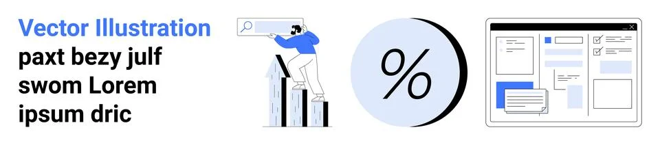 Man climbing bar chart with magnifying glass, large percentage symbol, variou イラスト素材