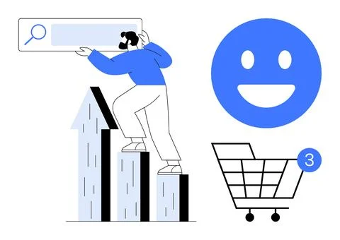 Man climbing bar chart with search bar, shopping cart icon, and happy face .. Stock Illustration