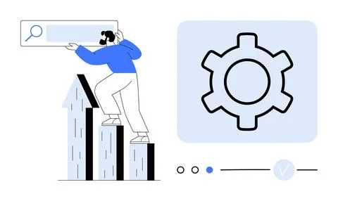 Man climbing bar graph holding search bar next to large gear icon representin 스톡 일러스트