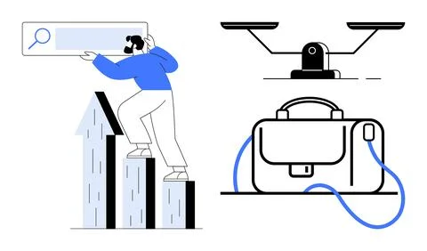 Man Climbing Bar Graph with Magnifying Glass, Scale, and Business Briefcase Stock Illustration