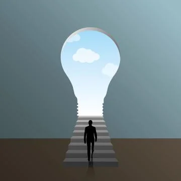 Man climbing to door in form light bulb. Stock Illustration
