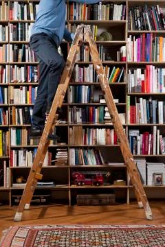 A man climbing up a ladder in a home library Stock Photos