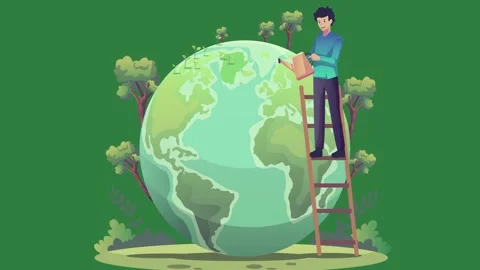 A man climbing ladder to the top of globe and isolated isolated on green Stock-Footage 336891279