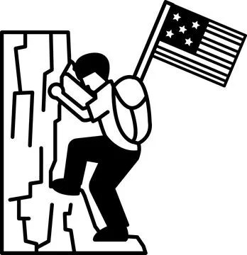 A man is climbing a rock with a backpack and a flag Stock Illustration