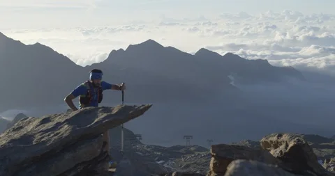 Man climbing run on mountain rise.Trail runner running to top peak training on Видео 108321883
