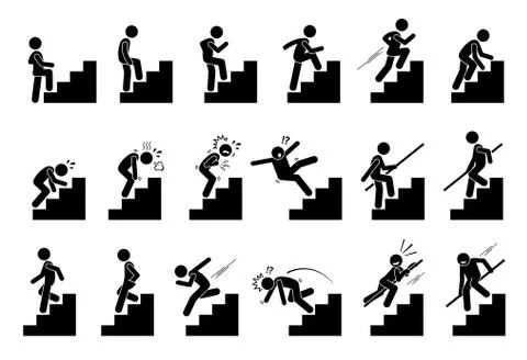 Man climbing Staircase or Stairs Pictogram. Cliparts depict various actions o Illustrazione stock
